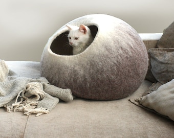 Cat Nap Cocoon / Pet Cave / Kitty Bed /Dog House / Felt Vessel - Hand Felted Wool - Minimalist Modern Design - Beige Ombre Cat Bubble