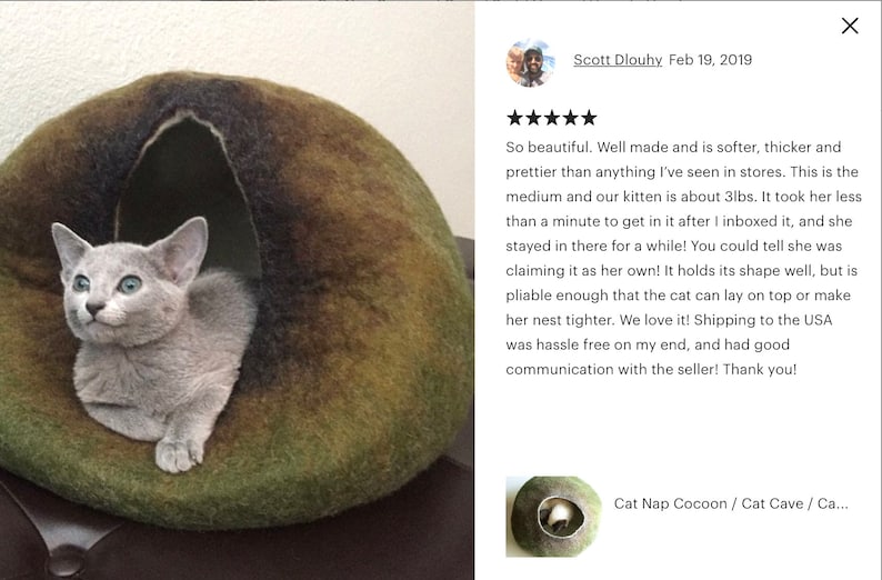 Pure Wool Cat Nap Cocoon / Cat Cave / Cat Bed / Natural Felt House, Hand Felted Wool Crisp Modern Design Green Moss Bubble image 3