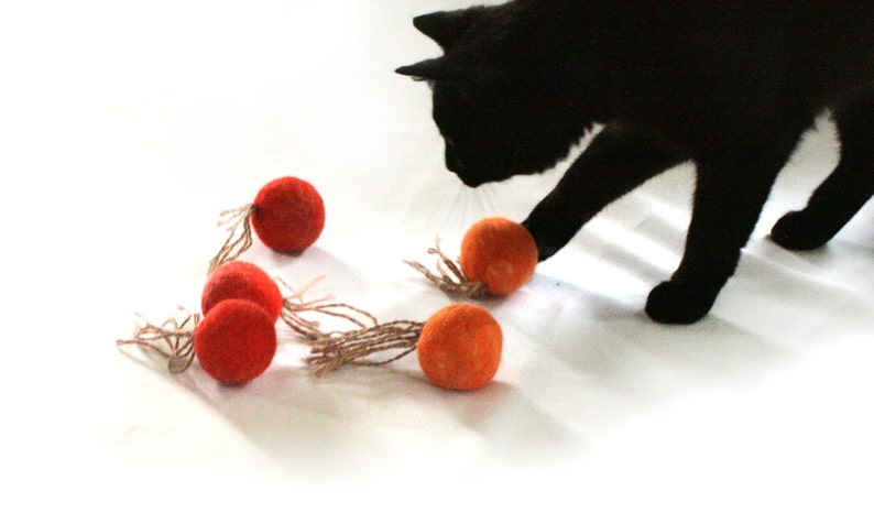 May include: A black cat playing with five orange and red felt balls with string tails. The balls are on a white surface.