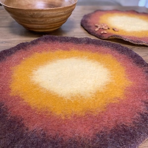 Handmade Wool Round Felt Placemats in Warm Maroon Yellow Felted Wool Table Protector, Coaster, Hot Pad Eco-Friendly natural Charger Mats image 6