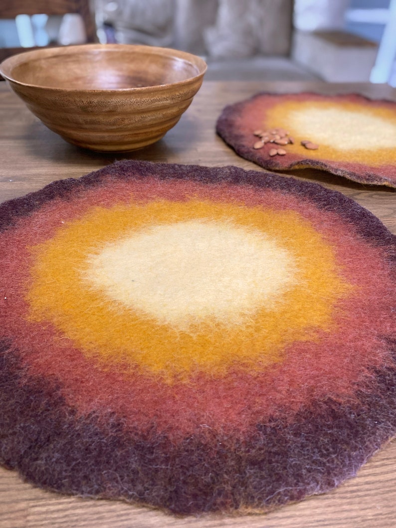 Handmade Wool Round Felt Placemats in Warm Maroon Yellow Felted Wool Table Protector, Coaster, Hot Pad Eco-Friendly natural Charger Mats image 6