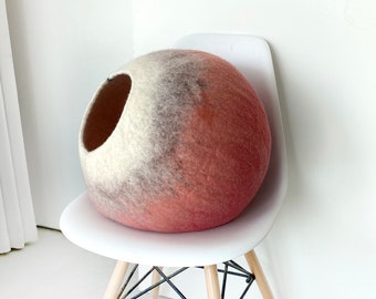 Cat Wool Cocoon Cave Bed, Pet House, Dog Sleeping Bag - Hand Felted Wool Furniture - Modern Home Decor Design Art, Ombre Pink Beige