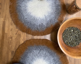 Handmade Wool Felted Placemat, Rustic Brown Grey White, Eco-Friendly Table Protector (17.3" Diameter)