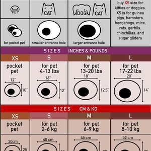 May include: A chart showing different sizes of pet beds, with measurements in inches and pounds, and centimeters and kilograms. The chart is divided into four columns: XS, S, M, and L. Each column shows a diagram of a pet bed with the corresponding size and weight range. The chart also includes a note that the XS size is for guinea pigs, hamsters, hedgehogs, mice, rats, gerbils, chinchillas, and sugar gliders.