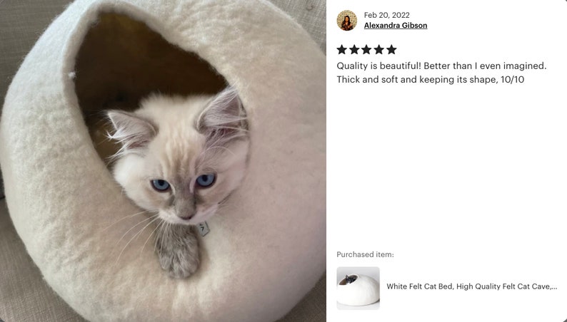 Weißes gefilztes Haustierbett / kleines Hundebett / Katzenhöhle / Katzenhöhle / Kitty Nest / Filzkorb / handgefilzte Wolle - natürliches Design Bild 8