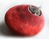 Wool Cat Cocoon Cave, High Quality Felt Kitty Sleep Bed, Pet House Nest, Hideaway, Furniture, Crisp Modern Minimalist Design / Red Bubble