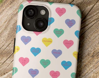 Jewish Hearts Tough Phone Case: Conversation hearts, iPhone Cover, Samsung Case, Israel Lover Gift, Jewish Pride, Modern Judaica, iPhone 16