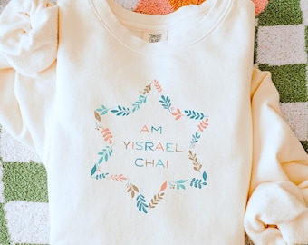 Floral Star of David Sweatshirt - Am Yisrael Chai Cotton Crewneck Pullover