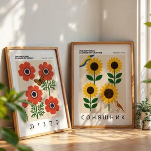 May include: Two framed art prints featuring floral designs. One print displays red flowers with a butterfly, the text "THE NATIONAL FLOWER OF ISRAEL", and Hebrew text. The other print shows sunflowers, the text "THE NATIONAL FLOWER OF UKRAINE", and the Ukrainian word "СОНЯШНИК".