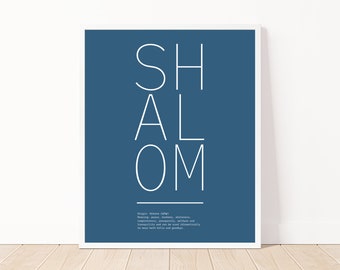 Arte mural hebreo Shalom - Imprimible azul moderno, diccionario judío, descarga digital, decoración