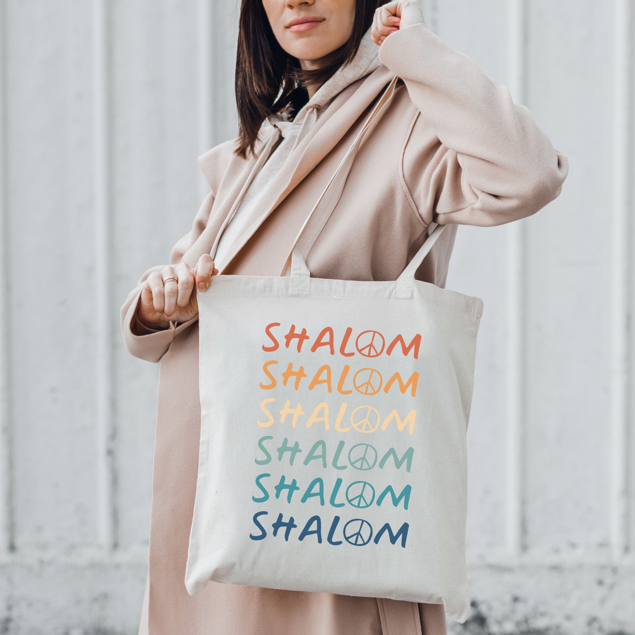 Retro Shalom Canvas Tote Bag With Peace Symbol, Jewish Gift