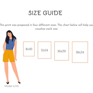 May include: A size guide graphic with the text "SIZE GUIDE" and the text "This print was prepared in four different sizes. The chart below will help you visualize each size." The guide shows four rectangular frames labeled 8x10, 11x14, 16x20, and 18x24. A cartoon figure is also present.