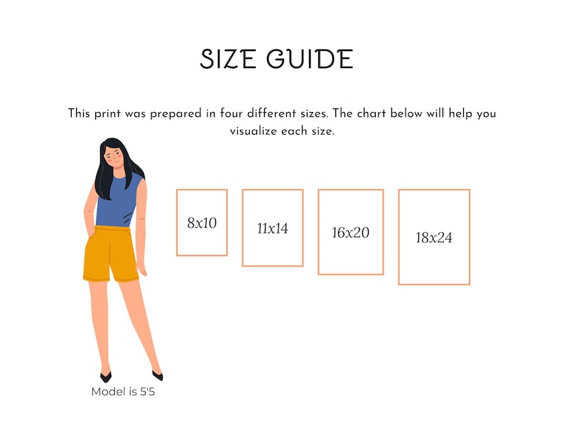 May include: A size guide graphic with the text "SIZE GUIDE" and the text "This print was prepared in four different sizes. The chart below will help you visualize each size." The guide shows four rectangular frames labeled 8x10, 11x14, 16x20, and 18x24. A cartoon figure is also present.