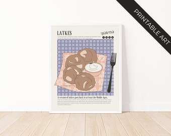 Póster de comida de latkes de Hanukkah: estilo vintage, decoración de pared judía, arte judío para pared, descarga digital, imprimible, cocina, póster hebreo