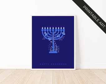 Modern Floral Menorah Art Print | Hanukkah Wall Decor| Digital Download Art