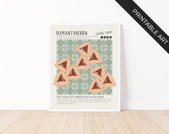 Póster de comida con galletas Hamantaschen: estilo vintage, decoración de pared judía, galletas de Purim, arte descargable digital, arte imprimible judío, arte de pared judío