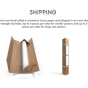 May include: Two brown cardboard shipping boxes, one open and one closed, are shown against a white background. The open box contains a rolled-up white print. The text "SHIPPING" is at the top.
