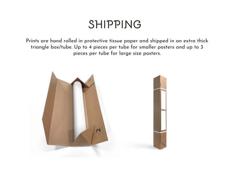 May include: Two brown cardboard shipping boxes, one open and one closed, are shown against a white background. The open box contains a rolled-up white print. The text "SHIPPING" is at the top.