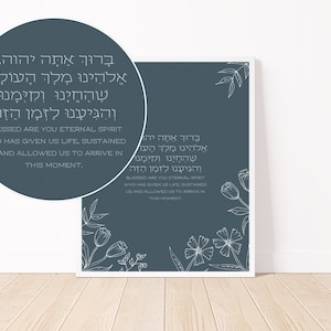 May include: A blue and white printable art print with a Hebrew blessing that reads "Blessed are you eternal spirit who has given us life, sustained us and allowed us to arrive in this moment." The print features a floral design.