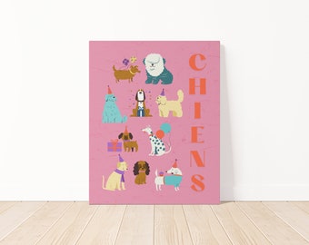 Chiens - French Party Dogs  |  Girls Room, Kids Bathroom, or Playroom  |  Wrapped Canvas Print