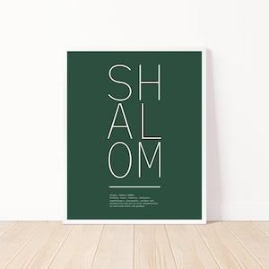 Modern Green Shalom Wall Decor | Hebrew Word Dictionary Poster, Proud to be Jewish, Shalom wall art, Jewish wall art, Digital Download Art