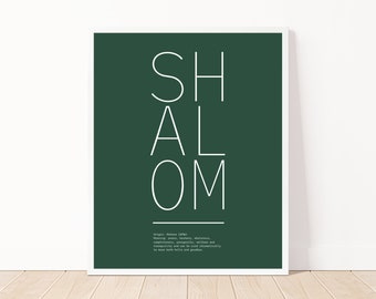 Lámina moderna verde con la palabra Shalom / Arte mural con definición hebrea (Descarga digital)