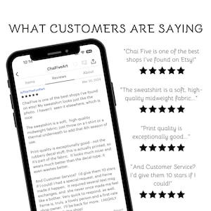 May include: A smartphone screen displays Etsy shop reviews. The reviews, with five-star ratings, praise the shop's quality and customer service. The text on the screen reads, "What Customers Are Saying."