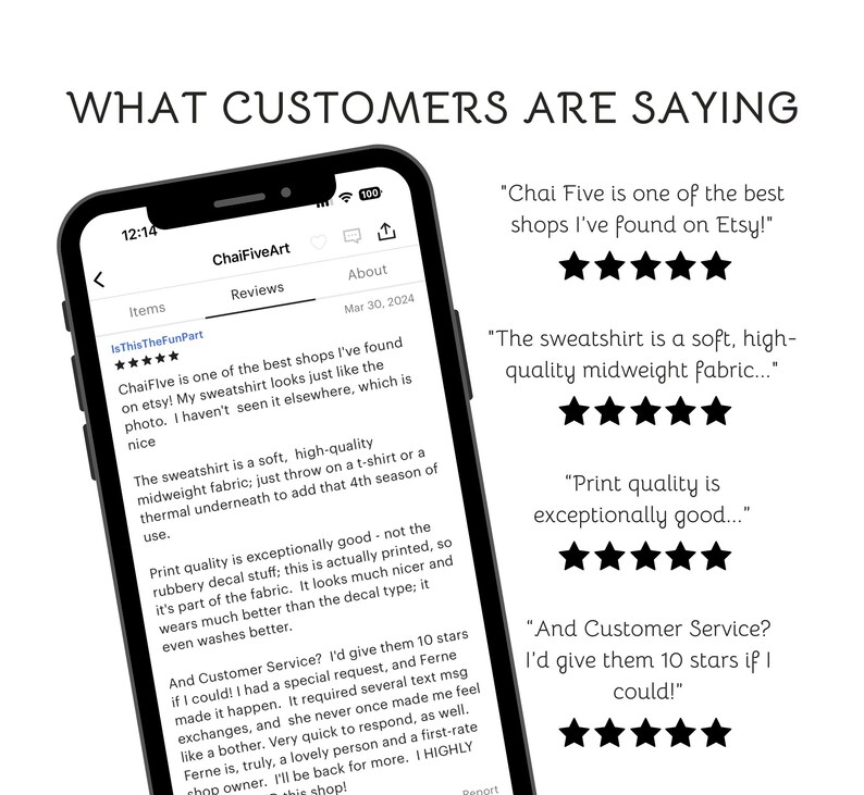 May include: A smartphone screen displays Etsy shop reviews. The reviews, with five-star ratings, praise the shop's quality and customer service. The text on the screen reads, "What Customers Are Saying."