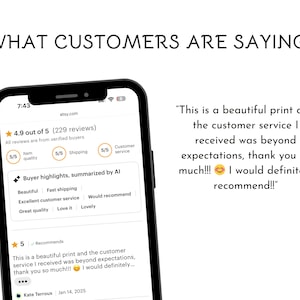 Peut inclure: Un smartphone affiche un avis client Etsy avec une note de 4,9 &eacute;toiles sur 229 avis. L'avis met en &eacute;vidence la qualit&eacute; de l'article, l'exp&eacute;dition et le service client. Le texte indique : &laquo; C'est une belle impression et le service client que j'ai re&ccedil;u &eacute;tait au-del&agrave; des attentes. &raquo;