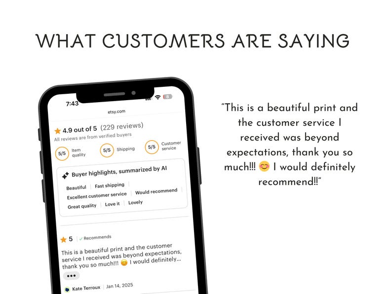 Peut inclure: Un smartphone affiche un avis client Etsy avec une note de 4,9 &eacute;toiles sur 229 avis. L'avis met en &eacute;vidence la qualit&eacute; de l'article, l'exp&eacute;dition et le service client. Le texte indique : &laquo; C'est une belle impression et le service client que j'ai re&ccedil;u &eacute;tait au-del&agrave; des attentes. &raquo;