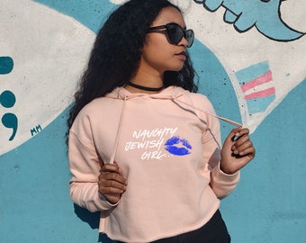 Bold Jewish Pride Women's Cropped Hoodie | Naughty Jewish Girl Graffiti Design with Blue Kiss | Self-Love & Empowerment Streetwear