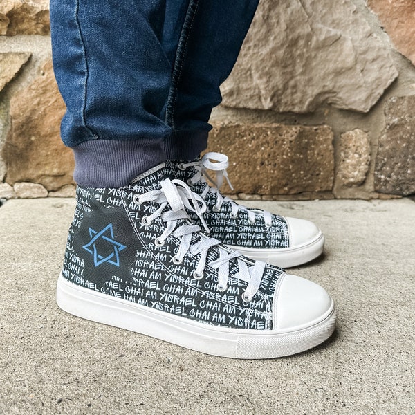 Am Yisrael Chai Graffiti & Star of David Men's High Top Sneakers - Jewish Street Art Footwear - Israel Shoes