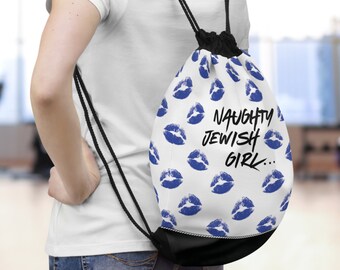 Bold Jewish Woman Drawstring Backpack | Naughty Jewish Girl Graffiti Design with Blue Kiss | Self-Love & Empowerment Streetwear Bag