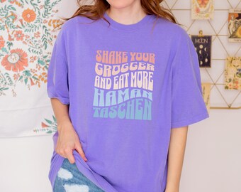 Retro Purim Shirt: Shake Your Grogger & Eat More Hamantaschen Tee - Vintage Typography, Jewish Holiday Apparel for Purim Spiel!