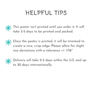 Peut inclure: Fond blanc avec le texte "HELPFUL TIPS" dans une police d&eacute;corative. En dessous, des puces d&eacute;taillent les informations d'impression et de livraison, y compris une tol&eacute;rance de +/- 1/16 pouce pour les &eacute;carts de taille.