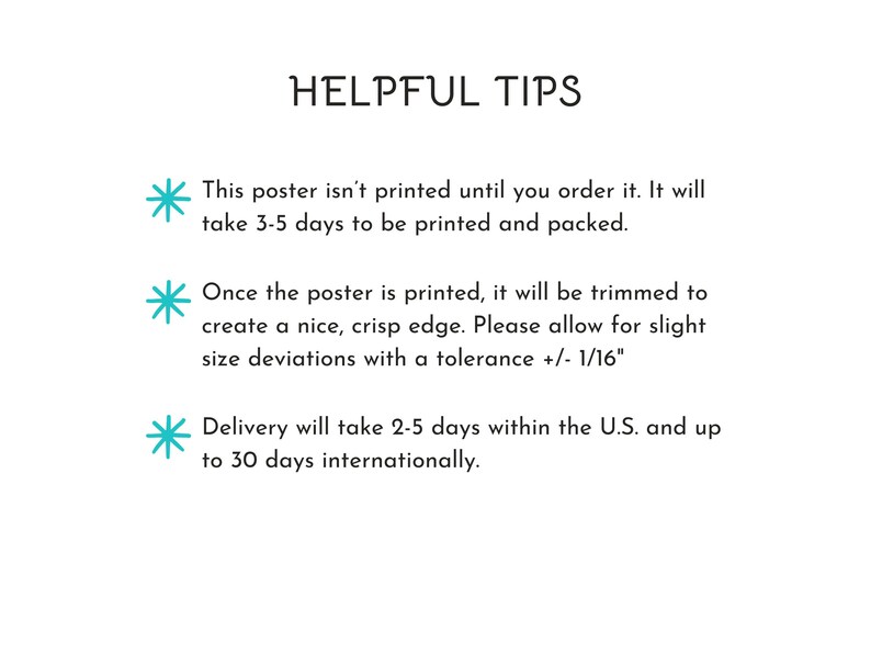 Peut inclure: Fond blanc avec le texte "HELPFUL TIPS" dans une police d&eacute;corative. En dessous, des puces d&eacute;taillent les informations d'impression et de livraison, y compris une tol&eacute;rance de +/- 1/16 pouce pour les &eacute;carts de taille.