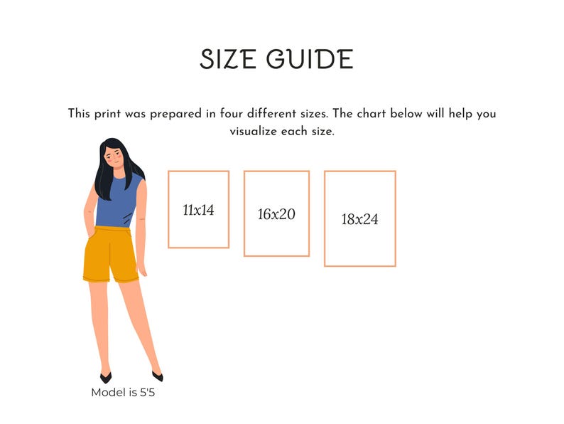 Peut inclure: Un graphique de guide des tailles avec le texte "SIZE GUIDE" et le texte "Cette impression a &eacute;t&eacute; pr&eacute;par&eacute;e en quatre tailles diff&eacute;rentes. Le tableau ci-dessous vous aidera &agrave; visualiser chaque taille." Les tailles sont 28x36 cm, 41x51 cm et 46x61 cm. Un mod&egrave;le est montr&eacute;.