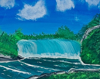 Rivierlandschap met waterval geschilderd in acryl! Prachtige kleurrijke en levendige acrylfoto!