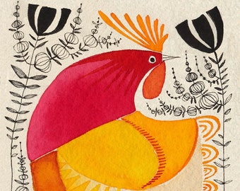 Bright and modern print of an original watercolor of a red and yellow rooster by Cori Dantini, mid century