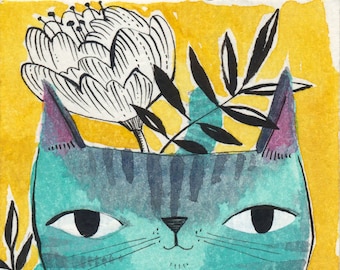 Whimsical Turquoise Tabby Cat Art Print: Little Miss Milly