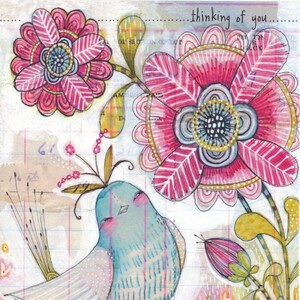 Vierge à l'intérieur, CARTE DE VUX, en pensant à vous, doux oiseau bleu souriant, adorable, jolie carte, oeuvre d'art fantaisiste, par Cori Dantini