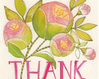 Thank You greeting card with peonies, adorable, whimsical, watercolor artwork, thank you for being awesome by cori dantini