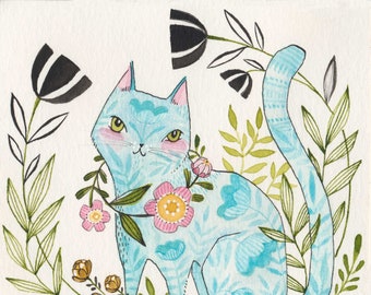 Limited edition archival art print of a whimsical watercolor painting of a blue cat surrounded by flowers, by cori dantini