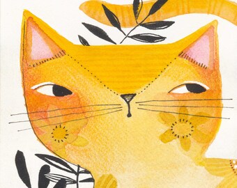 Limited edition archival art print of a whimsical watercolor painting of a cute yellow cat filled with flowers, by cori dantini