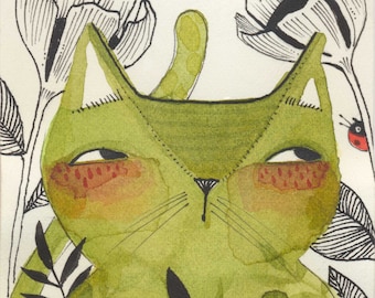 Limited edition archival art print of a whimsical watercolor painting of a green cat looking at a ladybug, by cori dantini