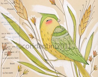 bird art- yellow bird - bird and wheat - by cori dantini - 8 x 8 limited edition archival print