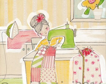 girl sewing, sewing machine, The Makers artwork,  Blend fabrics, watercolor, corid, limited edition - 8 x 10 print by cori dantini
