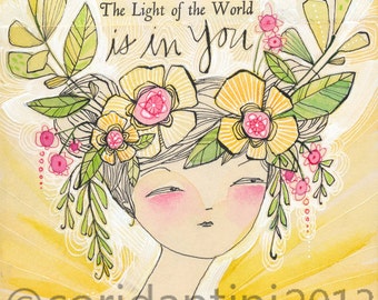 watercolor of a woman in floral crown - 8 x 8 inch archival print - the light of the world is in you, by cori dantini