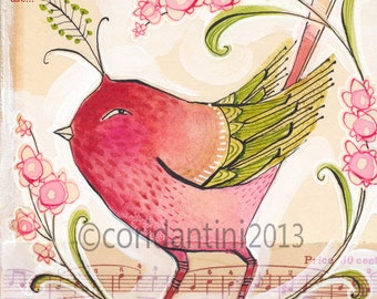 go out on a limb, an 8 x 8 inch archival limited edition print of a whimsical songbird, by cori dantini