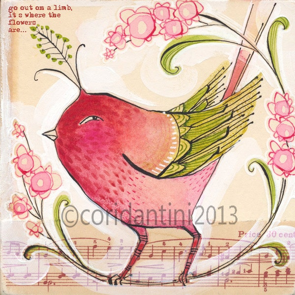 go out on a limb, an 8 x 8 inch archival limited edition print of a whimsical songbird, by cori dantini